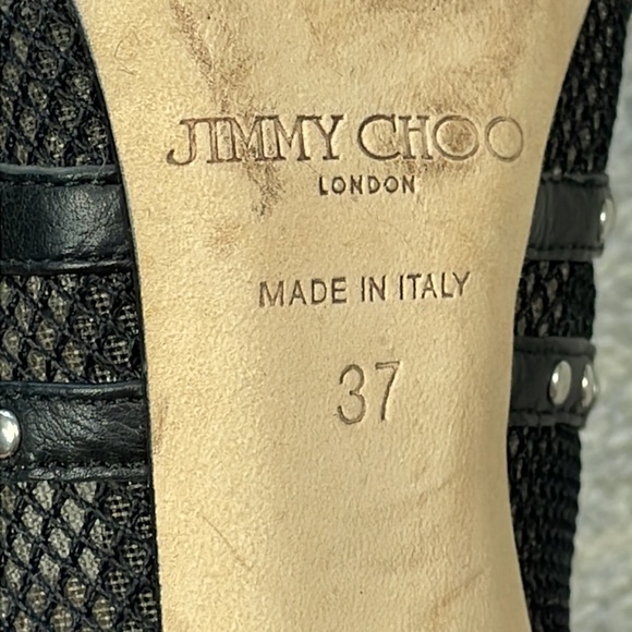 SOLD Jimmy Choo Karina Black Fishnet Studded Calf Leather Cage Heels with Box 37 - Picture 11 of 16